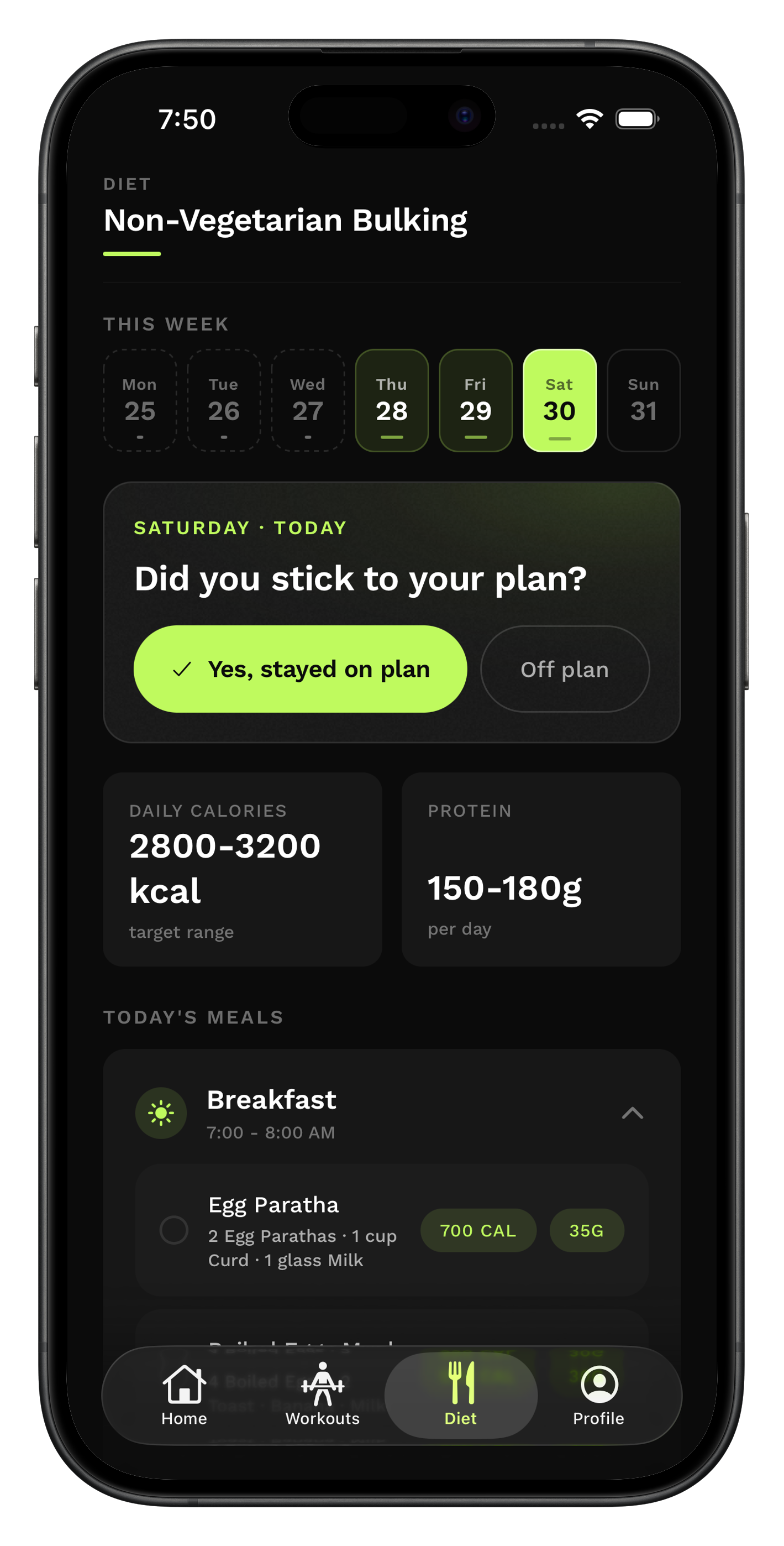 Gymifi diet screen showing a non-vegetarian bulking plan with calorie and protein targets and today's meals