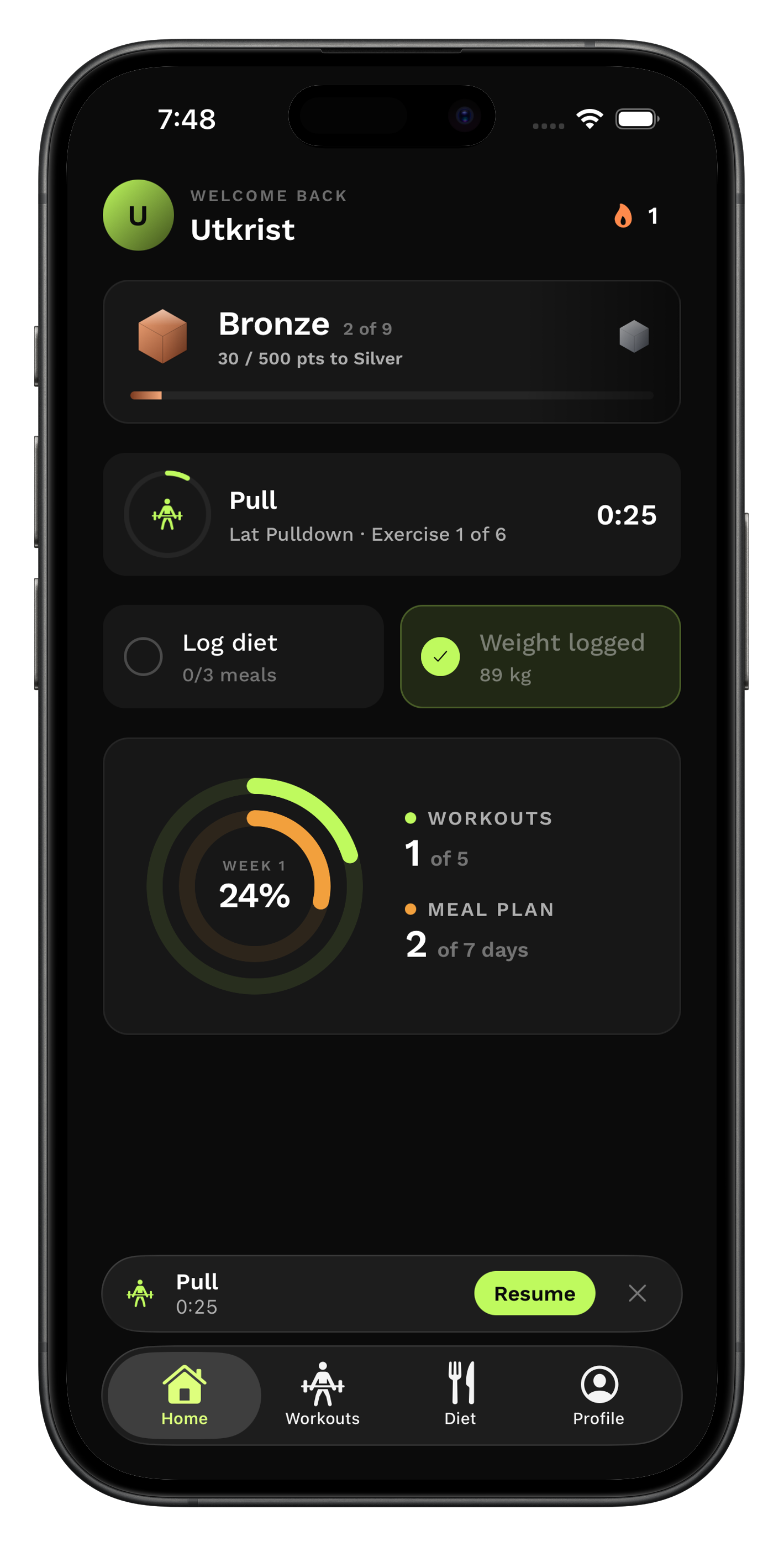 Gymifi home screen showing rank progress, an active workout and weekly completion