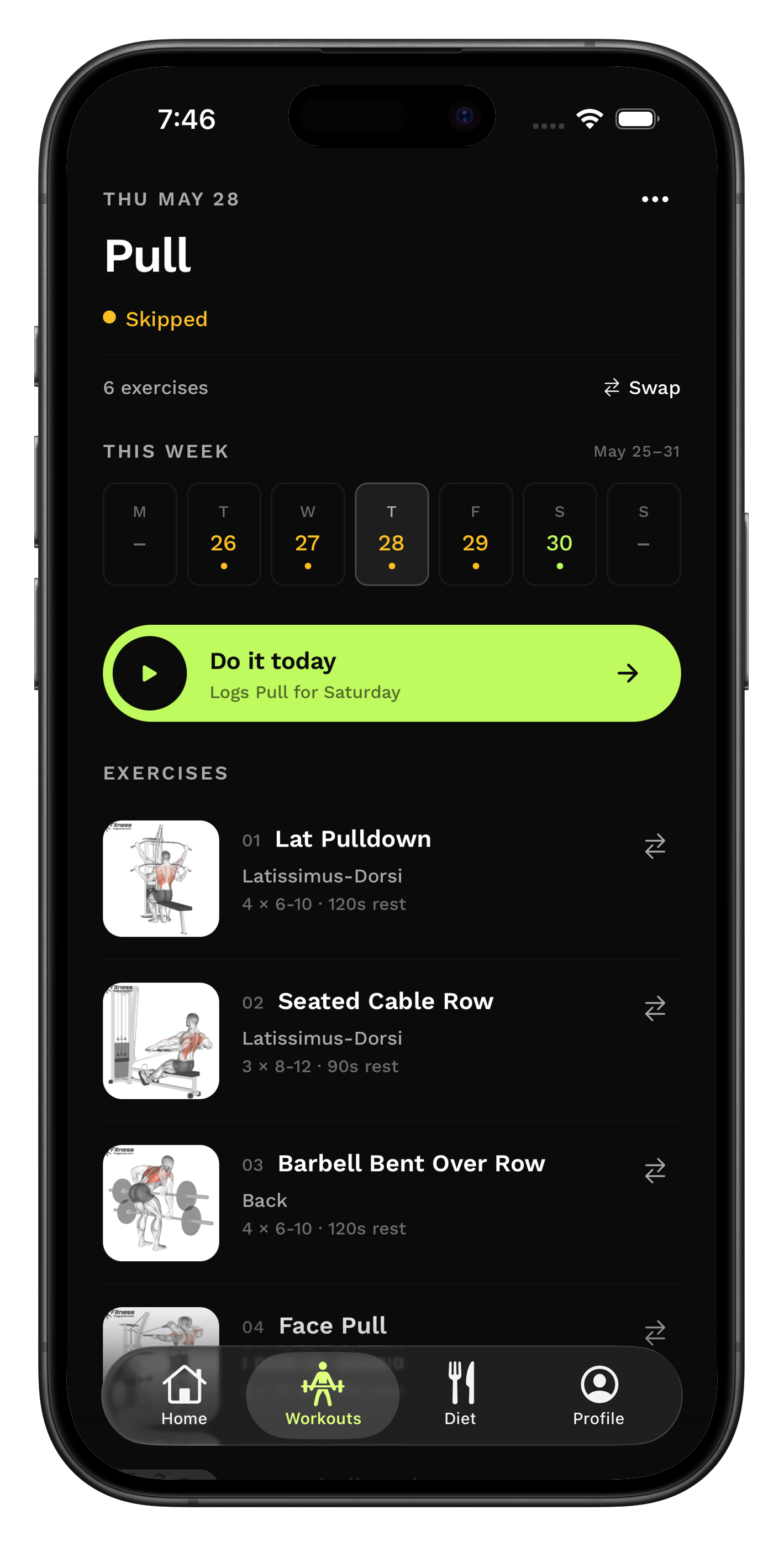 Gymifi workout screen showing the Pull session with its exercise list, sets, reps and rest